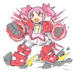  &gt;:o armor dress fighting_stance fusion gundam gundam_age gundam_age-1 gundam_age-1_titus kaname_madoka magical_girl mahou_shoujo_madoka_magica mecha_musume mechanical_arms mechanical_legs open_mouth parody pink_eyes pink_hair red_eyes rough shigehiro_(artist) short_hair short_twintails simple_background solo standing twintails white_background 
