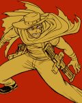  artist_request cape cowboy feriowind flat_color hat livio_the_doublefang livo_the_double-fang livo_the_doublefang male pants red_background simple_background solo tattoo trigun western 