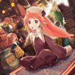  animal_ears beaker book book_stack carpet comayu comayu_(pixiv) dutch_angle erlenmeyer_flask flask floating gangafr_fantasy hat herb_bundle indian_style jar ladder lily_(gangafr_fantasy) long_hair long_sleeves minigirl multiple_girls open_mouth red_eyes red_hair redhead sitting sleeves_past_wrists source_request witch 