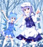 blue_eyes blue_hair bow cirno dress hair_bow hat ice ice_wings kneehighs lavender_hair letty_whiterock multiple_girls open_mouth perfect_cherry_blossom ribbon scarf snow snowing touhou tsurukou_(tksymkw) wings winter 