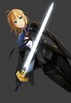  ahoge black_gloves blonde_hair dutch_angle excalibur fate/stay_night fate/zero fate_(series) formal gloves glowing glowing_sword glowing_weapon green_eyes highres lightofheaven long_hair necktie pant_suit ponytail saber solo suit sword weapon 