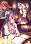  bat_wings book book_stack breasts cleavage crescent hair_ribbon hat head_wings koakuma lamp long_hair multiple_girls patchouli_knowledge purple_eyes purple_hair red_eyes red_hair redhead remilia_scarlet ribbon short_hair sitting smile the_embodiment_of_scarlet_devil touhou usume_shirou violet_eyes white_hair wings writing 