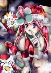  1girl bag blue_eyes blush christmas delibird fuuro_(pokemon) hat pink_hair pokemon pokemon_(creature) santa_costume santa_hat smile 