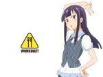  arm_up artist_request bangs blue_eyes blunt_bangs bowtie dress_shirt frills hand_on_hip hips logo long_hair looking_at_viewer official_art purple_hair raised_arm shirt short_sleeves simple_background solo standing tsurime v vest white_background working!! yamada_aoi 