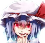  blood blood_on_face blue_hair canae0 face fang finger_to_mouth glowing glowing_eyes hat licking_lips nail_polish open_mouth portrait red_eyes remilia_scarlet short_hair smirk solo touhou 