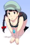  1girl all_fours bad_id black_hair bow braid brown_eyes cabbie_hat cleavage flat_chest footwear hair_bow hat jewelry masao mouth_hold necklace one-piece_swimsuit palms_on_ground pendant sheeta single_braid socks solo studio_ghibli swimsuit tenkuu_no_shiro_laputa twin_braids 