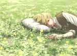  blonde_hair blue_eyes field flower lying male original pillow short_hair solo tamakaya 