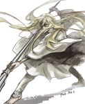  androgynous barefoot blonde_hair darkwinslow enkidu_(fate/strange_fake) fate/stay_night fate/strange_fake fate_(series) glowing glowing_eyes green_hair highres long_hair male polearm solo spear weapon yellow_eyes 