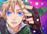  blue_eyes earrings eye_reflection fi fingerless_gloves gloves jewelry light_particles link looking_at_viewer male open_mouth reflection single_earring skyward_sword solo the_legend_of_zelda ys_(momonnga) ys_(momonnga)close_up 