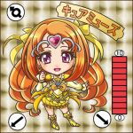  1041_(toshikazu) 1girl boots bow brown_background character_name chibi circlet cure_muse cure_muse_(yellow) dress earrings hair_ribbon heart jewelry long_hair lowres magical_girl orange_hair precure purple_eyes ribbon shirabe_ako smile solo suite_precure violet_eyes yellow_dress 