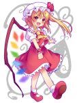  ascot blonde_hair child error fang flandre_scarlet hat hat_ribbon mary_janes minato0618 open_mouth red_eyes ribbon shoes short_hair side_ponytail skirt skirt_set smile solo the_embodiment_of_scarlet_devil touhou walking white_legwear wings wrist_cuffs 
