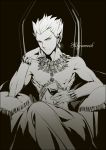  bad_id earrings fate/stay_night fate_(series) gilgamesh jewelry male monochrome necklace shirtless solo tekla throne wine 
