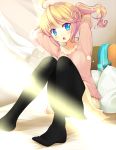  :o ahoge bed black_legwear blonde_hair blue_eyes blush censored convenient_censoring esia_mariveninne hand_in_hair komone_ushio lens_flare looking_at_viewer open_mouth original pantyhose pillow sitting skirt solo sunlight twintails wind 