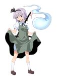  belt bloomers blue_eyes dress_shirt hair_ribbon hairband hitodama katana kneehighs komakedara konpaku_youmu konpaku_youmu_(ghost) open_mouth ribbon scabbard sheath sheathed shirt short_hair silver_hair simple_background skirt skirt_hold skirt_lift socks solo sword touhou vest weapon white_legwear 