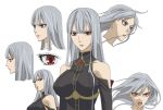  bare_shoulders breasts character_sheet close-up eyelashes face halterneck large_breasts long_hair military military_uniform official_art red_eyes selvaria_bles senjou_no_valkyria silver_hair solo uniform 