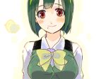  blush bow green_hair hairband idolmaster mole noruma otonashi_kotori red_eyes short_hair smile solo vest 