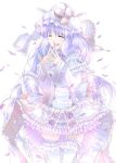  alternate_costume blush closed_eyes crescent dress eyes_closed frills happy hat highres long_hair open_mouth patchouli_knowledge petals purple_hair shunsuke smile solo sparkle steepled_fingers thigh-highs thighhighs touhou very_long_hair white_legwear 