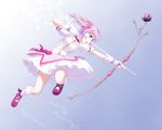 arrow bow_(weapon) character_name dancho_(danch) dress flower gloves gradient gradient_background highres kaname_madoka magical_girl mahou_shoujo_madoka_magica mary_janes pink_eyes pink_hair shoes socks solo title_drop weapon white_gloves white_legwear 