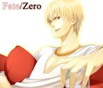  blonde_hair casual chimachi couch earrings fate/stay_night fate/zero fate_(series) gilgamesh jewelry male necklace red_eyes short_hair tongue wine 