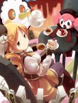  :o arm_warmers beret blonde_hair boots bow cake chair charlotte_(madoka_magica) cheesecake corset creature cup drill_hair dual_persona eating fingerless_gloves food fork from_above fruit gloves gun hair_ornament hands_in_sleeves hat highres kouzu_shou looking_at_viewer looking_up magical_girl magical_musket mahou_shoujo_madoka_magica official_style open_mouth pleated_skirt ribbon sitting skirt smile strawberry striped striped_legwear table tea teacup teapot thigh-highs thighhighs tomoe_mami twin_drills twintails weapon yellow_eyes 