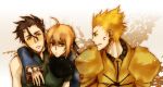  2boys ahoge anger_vein armor black_hair blonde_hair earrings fate/stay_night fate/zero fate_(series) gilgamesh green_eyes hair_ribbon jewelry kanapy lancer_(fate/zero) mole multiple_boys red_eyes ribbon saber short_hair yellow_eyes 