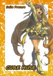  arm_up boots brooch brown_eyes bubble_skirt character_name circlet crossed_legs_(standing) cure_muse cure_muse_(yellow) dress frills happy heart highres jewelry kuroshio_(zung-man) long_hair magical_girl musical_note orange_hair precure shirabe_ako solo suite_precure title_drop wink yellow_dress zung-man 
