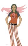  1girl belt casual female gatchaman hands_on_hips jun_the_swan long_hair oldschool phil_noto raglan_sleeves realistic science_fiction smile solo striped striped_pants t-shirt 