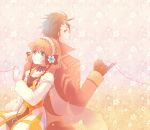  1girl alvin_(tales_of_xillia) back-to-back bad_id bow brown_hair couple gloves green_eyes hair_ribbon hairband hapu leia_roland pinky_out red_string ribbon short_hair smile string tales_of_(series) tales_of_xillia 