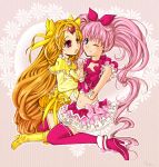  15um 2girls blue_eyes boots bow braid choker circlet cure_melody cure_muse cure_muse_(yellow) curly_hair dress frills hair_ribbon hand_holding heart holding_hands houjou_hibiki kneeling long_hair magical_girl midriff multiple_girls navel orange_hair pink_background pink_hair pink_legwear precure purple_eyes ribbon shirabe_ako shoes smile suite_precure thigh-highs thighhighs twintails violet_eyes wink yellow_dress 