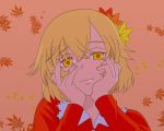  aki_shizuha aunn blonde_hair hands_on_own_cheeks hands_on_own_face leaf portrait short_hair solo touhou yandere_trance yellow_eyes 