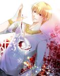  1boy blonde_hair casual cup dutch_angle fate/stay_night fate/zero fate_(series) gilgamesh highres jewelry male mikanzagi necklace red_eyes short_hair solo wine wine_glass 