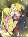  blonde_hair blush closed_eyes couple earrings edward_elric eyes_closed fullmetal_alchemist gloves grin hand_on_own_cheek jewelry long_hair mitsu_yomogi ponytail scarf smile snowing teeth winry_rockbell yellow_eyes 