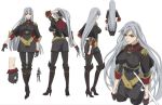  1girl adjusting_hair boots breasts character_sheet female from_behind full_body gloves grey_hair high_heel_boots high_heels knee_boots large_breasts long_hair military military_uniform multiple_views official_art pantyhose ponytail rapier red_eyes selvaria_bles senjou_no_valkyria silver_hair simple_background solo standing sword uniform weapon white_background 