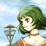  blue_background brown_eyes face farah_oersted green_hair short_hair smile solo tales_of_(series) tales_of_eternia zanpan526 