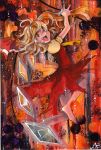  barefoot bow dress fangs flandre_scarlet hair_bow laevatein mosho red_eyes solo the_embodiment_of_scarlet_devil touhou traditional_media wings 