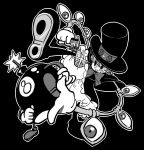  action black_background bloomers bomb evil_smile eyes flat_color george_the_bomb gloves greyscale grin gun hat holding mechanical_arms monochrome peacock_(skullgirls) revolver sharp_teeth simple_background skullgirls smile top_hat upskirt weapon yukataro 