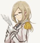  1girl alternate_hairstyle earrings epaulettes glasses glove_pull gloves green_eyes hair_down jewelry kantai_collection katori_(kantai_collection) light_brown_hair long_hair long_sleeves military military_uniform necktie ree_(re-19) smile solo uniform white_gloves 