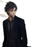  black_eyes black_hair chimachi cigarette emiya_kiritsugu facial_hair fate/stay_night fate/zero fate_(series) formal highres long_coat male necktie simple_background smoke solo stubble suit title_drop trench_coat white_background 