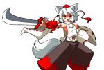  &gt;:) &gt;:d :d animal_ears detached_sleeves hat inubashiri_momiji mono1192000 mono_(moiky) open_mouth pom_pom_(clothes) pom_pom_(clothing) red_eyes smile solo sword tail tassel tokin_hat touhou transparent_background weapon white_hair wolf_ears wolf_tail 