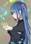  blue_eyes blue_hair dress flower glowing hair_flower hair_ornament hairclip long_hair looking_down original solo yukityasoba 