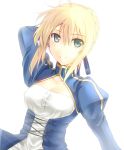  ahoge blonde_hair breasts cleavage dress fate/stay_night fate/zero fate_(series) green_eyes hekino_hayate long_hair looking_at_viewer ponytail roten_(rotenburo) saber smile solo 