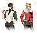  barnaby_brooks_jr barnaby_brooks_jr_(cosplay) beard belt blonde_hair blue_eyes brown_hair cigarette cosplay facial_hair headband ikuyoan jacket kaburagi_t_kotetsu kaburagi_t_kotetsu_(cosplay) liquid_snake long_hair male metal_gear metal_gear_solid multiple_boys mustache parody raiden red_jacket smoking solid_snake studded_belt style_parody tiger_&amp;_bunny vest waistcoat watch 