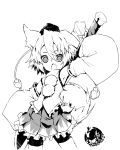  animal_ears arm_up armpits detached_sleeves hat highres inubashiri_momiji looking_at_viewer monochrome open_clothes pom_pom_(clothes) pom_pom_(clothing) shina_mama short_hair solo sword tail tokin_hat touhou weapon wolf_ears wolf_tail 