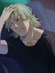  barnaby_brooks_jr blonde_hair chinacamen green_eyes hand_in_hair hand_on_forehead hand_to_forehead jewelry male necklace no_glasses solo t-shirt tears tiger_&amp;_bunny wavy_mouth 