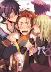  2boys :o alvin_(tales_of_xillia) black_hair blonde_hair blush brown_eyes brown_hair coat cravat creature elise_lutas elise_lutus gloves incipient_kiss jude_mathis mike531 multiple_boys open_mouth surprised tales_of_(series) tales_of_xillia tipo_(xillia) tippo white_background 