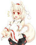  1girl :3 animal_ears detached_sleeves eyebrows fang hands_clasped hat interlocked_fingers inubashiri_momiji open_mouth red_eyes simple_background skirt solo stretch tail tokin_hat touhou white_background white_hair wolf_ears wolf_tail 