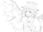  :d abo-ne animal_ears arm_up bad_id bow claws fingernails greyscale hat highres long_sleeves monochrome mystia_lorelei open_mouth raised_arm short_hair simple_background sketch smile solo touhou white white_background 