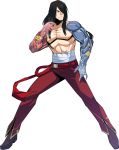  1boy asymmetrical_limbs belt black_hair boots character_request fearless_night fighting_stance hair_over_one_eye highres long_hair muscle pants pectorals sarashi scar shirtless solo spikewible steam transparent_background 