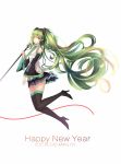  1girl boots character_name detached_sleeves floating_hair green_eyes green_hair happy_new_year hatsune_miku high_heels highres long_hair microphone microphone_stand necktie new_year simple_background skirt solo thigh-highs thigh_boots twintails very_long_hair vocaloid white_background yeluno_meng 