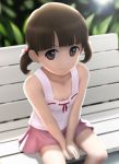  bare_shoulders bench brown_eyes brown_hair child doujima_nanako highres persona persona_4 short_hair siraha sitting skirt smile solo tank_top twintails v_arms 